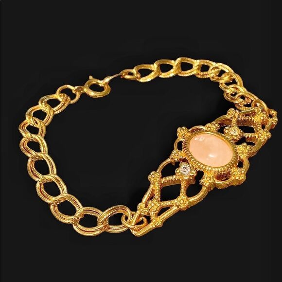 Vintage Avon gold filigree faux coral crystal floral double link bracelet 6.5” - Picture 3 of 8